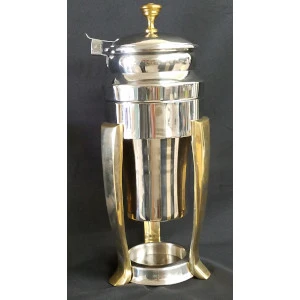 Metallic cocktail shaker with gleaming silver body and gold-toned base and lid for bar or event rental.
