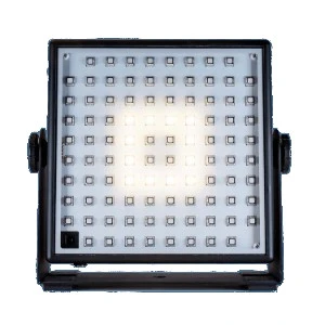 Square black LED light panel with gray grid of square illumination nodes mounted on adjustable metal frame.