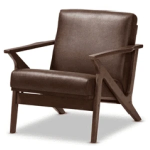 Brown leather mid-century modern lounge chair with angled wooden frame and clean geometric design.