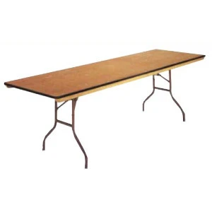 Rectangular wooden folding table with brown surface and metal X-shaped legs for event rentals.