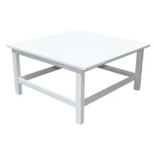 White square wooden coffee table with clean lines and simple rectangular leg design for event rentals.