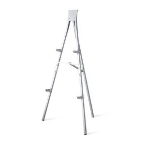 Silver metal easel stand with adjustable height and folding legs for display and presentation.