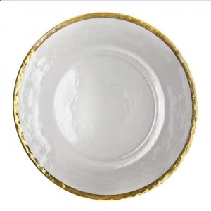 Round white porcelain dinner plate with metallic gold rim and delicate glazed finish for elegant table settings.