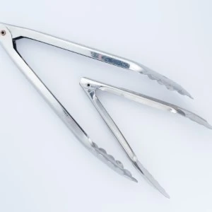 Metallic silver medical or surgical tweezers with slender, pointed tips against a white background.