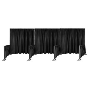 Black pipe and drape backdrop system with three fabric panels for event staging.