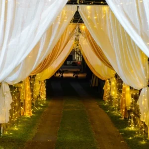 White draped fabric archway creates elegant event corridor with strings of lights and a chandelier.