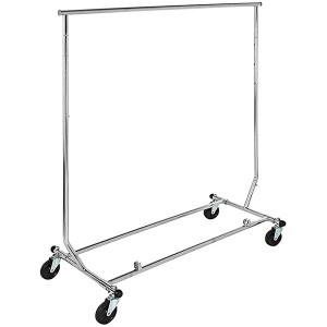 Chrome mobile clothing rack with wheels.