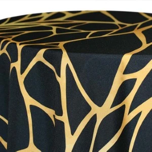 Black spandex cocktail tablecloth with golden geometric web-like crackle pattern and smooth stretch texture.