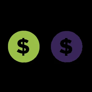 A green and a purple circular icons with white dollar sign symbols