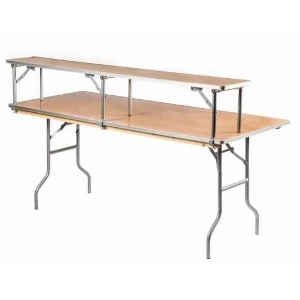 Wooden folding table with two levels, silver metal legs, and rectangular light wood surface for events.
