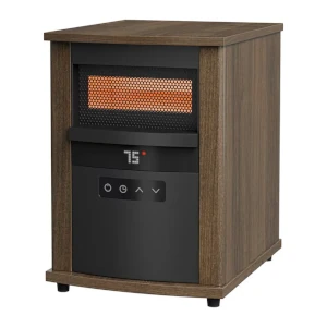 A medium-sized floor heater with imitation wood sides and top