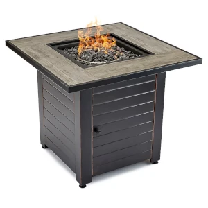 An electric fire pit with imitation wood sides and a small lip around the top edges