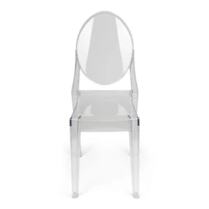 A clear plastic chair with an oval back rest