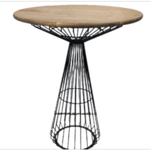 Black wire mesh bistro table with round wooden top and geometric pedestal base.