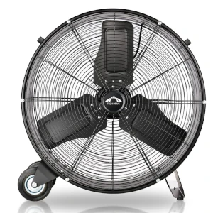 A large circular fan with wheels at the base to make it easier to move