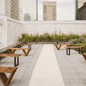 Ivory Wedding Runner at Rooftop 1630 with a mixture of the venues' and Allwell Rents 4' benches.