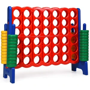 Large red and blue Connect Four game board with yellow scoring discs for party rentals.