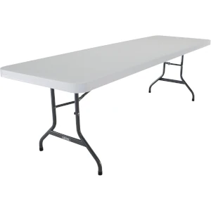 Rectangular plastic folding table with white surface and metal X-shaped legs for event rentals.