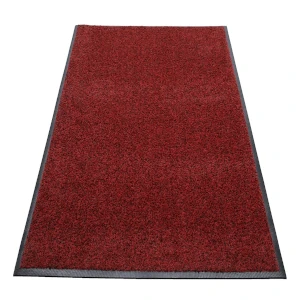 A red bar mat with a red woven top and black rubber edges and back