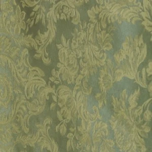 Sage green damask fabric with intricate floral and leaf pattern in soft, muted tones.